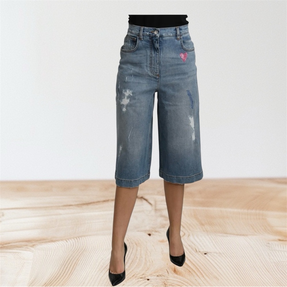 Dolce & Gabbana Distressed Denim Bermuda Shorts with Pink Heart
